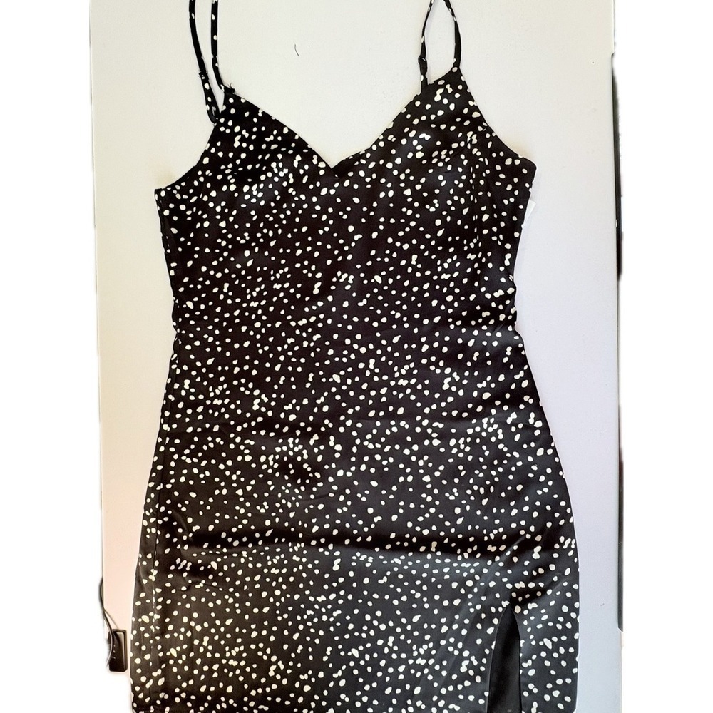 90s Minimalist Printed Polka Dot Slip Dress Black White Medium Transitional